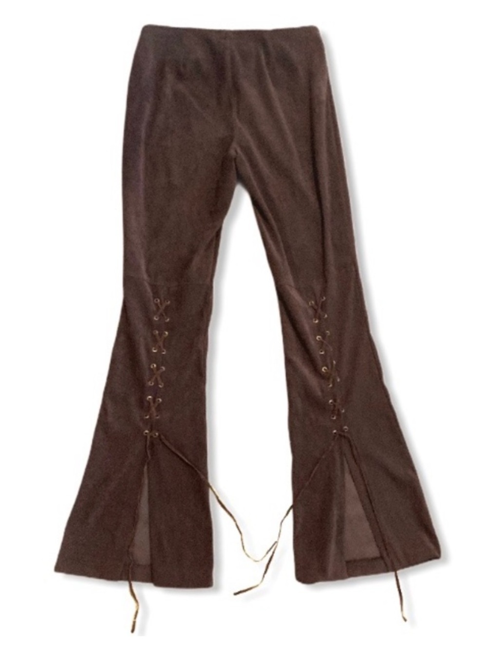 Y2K Windsor Suede Lace Up Back Slit Flare Pants Brown 3 Boho Moto Vintage